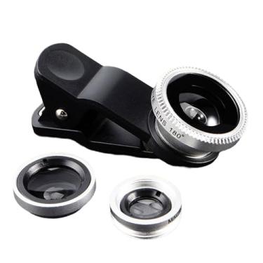 Imagem de Acessório universal para lente de câmera – olho de peixe de 180° + lente de encaixe 3 em 1 grande angular e macro para smartphones, tampas de lente de câmera adequadas para iPhone e Android, prata