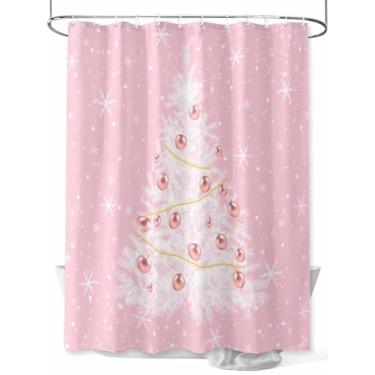 Imagem de Cortina de chuveiro de Natal com árvore de bola rosa, floco de neve branca de inverno, impermeável, lavável, conjunto de cortinas de banheiro para decoração de banheiro, 182 x 182 cm de comprimento,