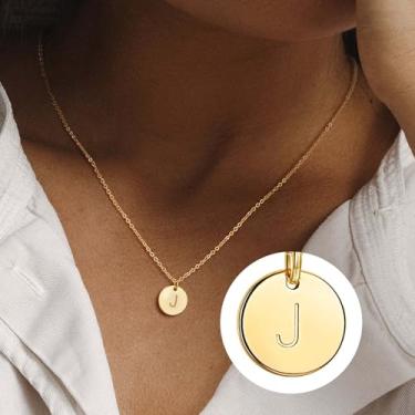 Imagem de Colar feminino com letras douradas - Colar banhado a ouro 14K com pingente de moeda de ouro, colar delicado com monograma e letra inicial para mulheres joias, Medium, Latão, Sem Pedra Preciosa
