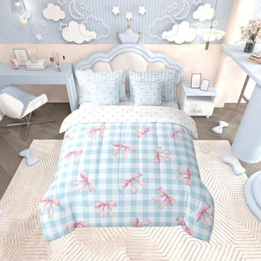 Imagem de jejeloiu Conjunto de edredom com laço e laço, 7 peças, tamanho casal, azul, rosa, para crianças, meninos, meninas, lençol com laço colorido, microfibra