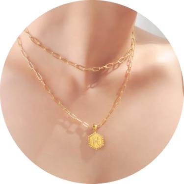 Imagem de Colar personalizado com pingente de letra A-Z, design hexagonal de corrente de camada dupla, joia minimalista de aço inoxidável para mulheres, F, Aço inoxidável, Sem Pedra Preciosa