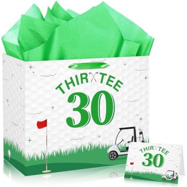 Imagem de JORHANCE Bolsa de presente de 30ª festa de golfe com papel de seda e cartão de aniversário - bolsa de presente grande para ampla aplicação - decoração de aniversário de golfe Thor Tee, decoração de