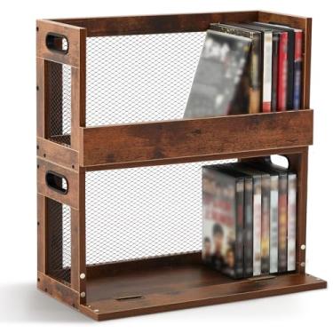 Imagem de Jetec 2 conjuntos de caixas de armazenamento de DVD de metal e madeira, suporte de filme, prateleiras de exibição com alças de transporte, prateleira organizadora para capas de videogame, CDs, cada