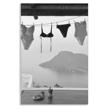 Imagem de Arte de parede em tela de fotografia em preto e branco, pôster estético de biquíni suspenso costeiro de verão, imagem de paisagem de praia vintage na moda, arte de foto de museu, impressão costeira