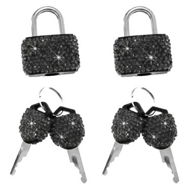 Imagem de 2 peças de mini fechaduras com chaves com strass brilhantes, cadeados de metal brilhante para bagagem, armário, mala, mochila, caixas e bolsa para laptop (preto)