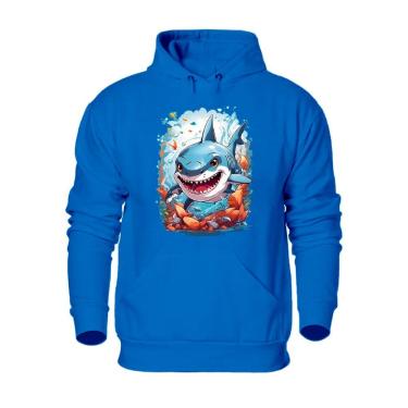 Imagem de Blusa de Moletom Plus Size Bolso Canguru Com Capuz Flanelada Quente Inverno Estampa Tubarão