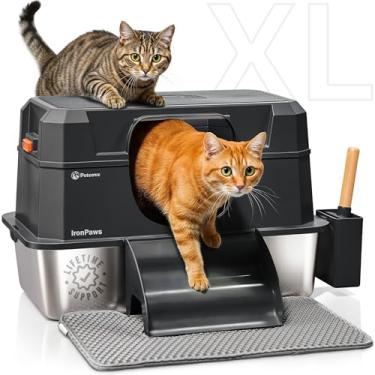 Imagem de PetCove Caixa de areia para gatos de aço inoxidável com tampa – Bandeja de peneiramento fechada, laterais altas GG, caixa interna extra grande para gatinhos – Caixa de areia de metal coberta para