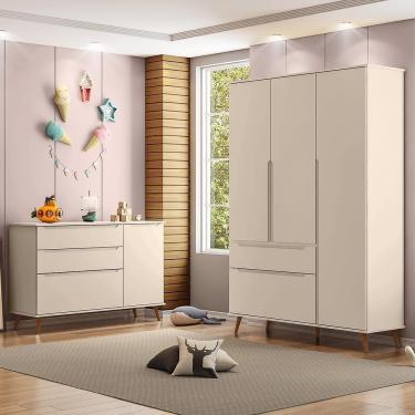 Imagem de Jogo De Quarto Infantil Retrô Melinda Guarda Roupa E Cômoda Com Porta Off White - Phoenix Baby