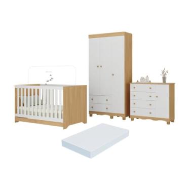 Imagem de Quarto de Bebê Completo Berço Americano 3 em 1 Colchão Dengo Multimóveis Mp4608 Madeirado/branco