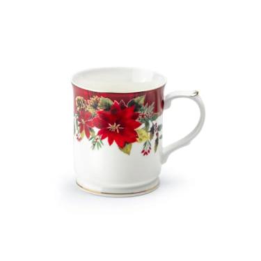Imagem de Grace Teaware Caneca de Natal de porcelana, 368 g, branca com poinsétia vermelha e design de pinha, xícara de chá com tema de Natal