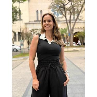 Imagem de Blusa Polo Feminina Regata Bicolor Canelada Ribana Luxo Casual Moda Bá