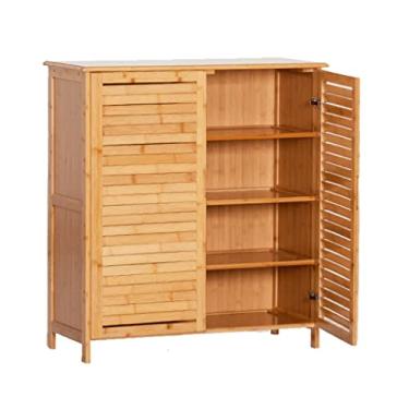 Imagem de HYMCX Sapateiras independentes de 4 camadas, armário de madeira para armazenamento de sapatos, prateleira clássica vintage com design de persiana, 2 portas, suporte de madeira pequena e sólida para