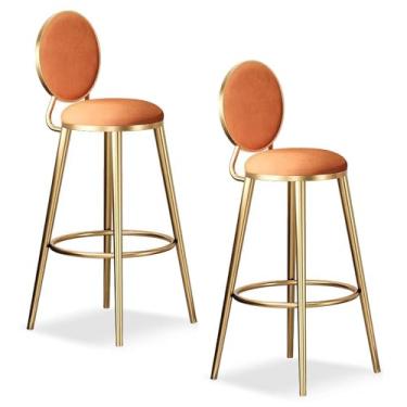 Imagem de LULUMAIC Banquetas de bar de luxo Maegan 65 cm/75 cm, conjuntos de bancos de bar de metal, 2 bancos de bar com encosto alto de veludo e encosto alto, laranja