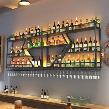 Imagem de THGYJP Rack de vinho montado na parede com suporte de vidro, prateleiras flutuantes de unidade de bar com luz LED, rack de armazenamento multifuncional, prateleira de garrafa de vinho de metal de 3