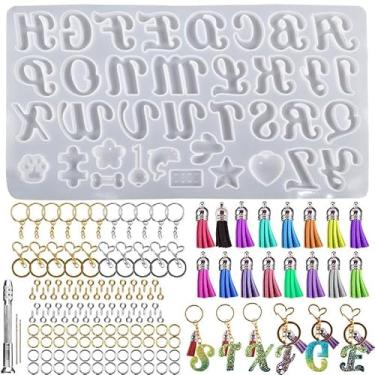 Imagem de QENEQ Kit de moldes de resina de alfabeto extravagante, chaveiro de letra invertida, moldes de fundição epóxi, conjunto de chaveiros com 1 broca manual, 2 brocas, 30 anéis de chaveiro, 100 pinos de