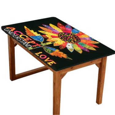 Imagem de Toalha de mesa retangular de 1,8 m com elástico de girassol, flor de autismo, capa de mesa retangular, à prova d'água, lavável, protetor de mesa para piquenique, jantar, cozinha, decoração ao ar livre