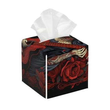 Imagem de Caixa de lenços de couro quadrada à prova d'água caveira rosa guitarra organizador de papel facial abstrato com cinto inferior cubo estojo de tecido para mesa, banheiro, escritório, mesa, carro