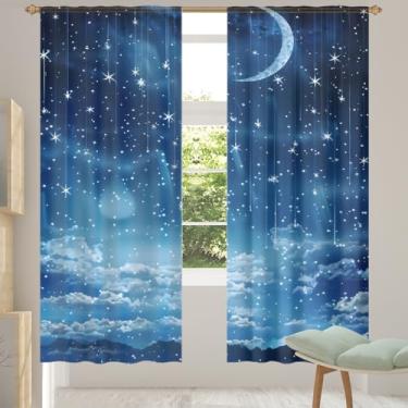 Imagem de 2 conjuntos de painéis, céu estrelado, galáxia, lua, cortinas transparentes, arejadas, com filtro leve, painéis de cortina leve, cortina de janela de porta para sala de estar, quarto, jantar, 192 cm
