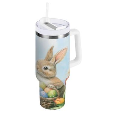 Imagem de ATTX Copo de coelho de ovos de Páscoa em aquarela de 850 g com alça, copo de aço inoxidável a vácuo de parede dupla com palha, caneca de café de viagem isolada #225