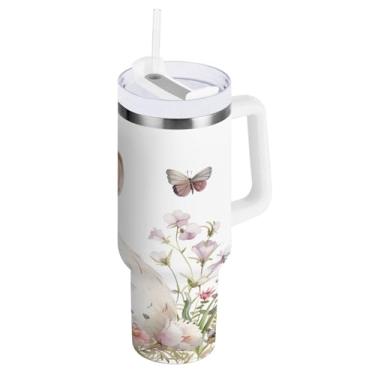 Imagem de Blueangle Copo de coelho da Páscoa de 1,134 g com alça e tampa de palha, copo isolado reutilizável de aço inoxidável garrafa de água caneca de viagem (32)