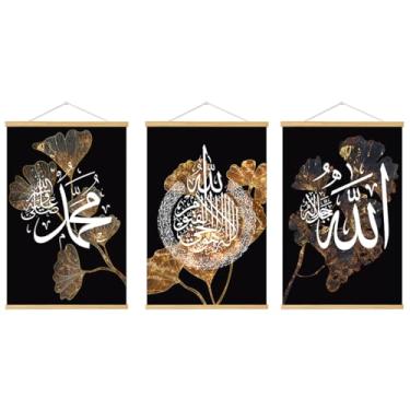 Imagem de 3 peças/conjunto de pôster de parede de caligrafia árabe alcorão muçulmano Alá islâmico, decoração de quarto doméstico, papel de parede diário, arte em tela emoldurada, decoração de casa de escritório