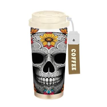 Imagem de STAYTOP Caneca de café de viagem com isolamento de caveira fofa de 500 ml, copo de café reutilizável de aço inoxidável com tampa flip à prova de vazamento à prova de vazamento para escritório, escola