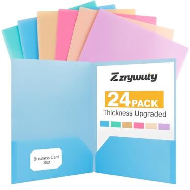 Imagem de Pastas de plástico com bolsos (pacote com 24, cores sortidas), pastas de arquivo resistentes duráveis com compartimento para cartão de visita, tamanho carta de 2 bolsos, comporta mais de 100 folhas