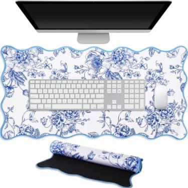 Imagem de Kingdder Tapete de mesa floral azul e branco recortado com 80 cm x 39,9 cm grande floral estético tapete de mesa para teclado e mouse antiderrapante à prova d'água base de borracha para jogos mousepad