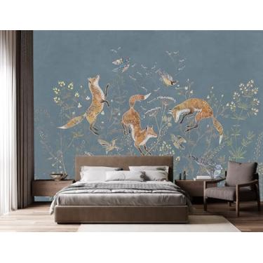 Imagem de LOOWAP Papel de parede mural autoadesivo animal raposa coelho flores para meninos meninas quarto sala de estar
