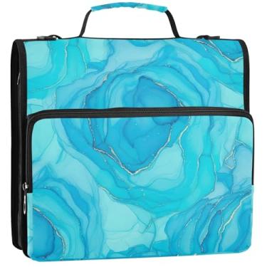 Imagem de Pastas com 3 argolas de mármore azul turquesa azul 3,5 polegadas D fichário organizador de fichários escolares bolsa com alça de ombro profissional multi bolsos pasta grande portfólio, 34,5 x 31,5 x 9