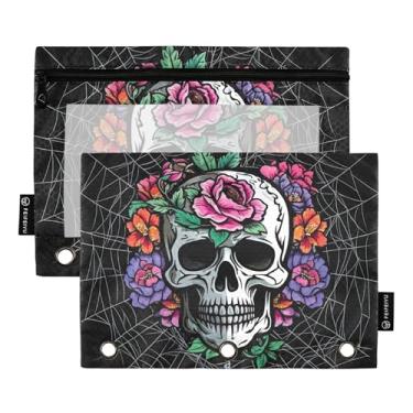 Imagem de GAIGEO Bolsa de lápis preta com 3 anéis de caveira branca e flores de teia, fichário com zíper, fichário para trabalho, escola, bolsos transparentes, caneta, 25 x 18 cm, 2 pacotes