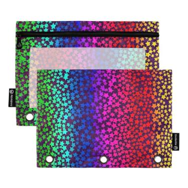 Imagem de Bolsa de lápis para fichário de 3 anéis arco-íris estrelas roxas sacos de lápis com zíper bonito arte escolar fichários transparentes bolsos caneta 25 cm x 18 cm, 2 pacotes