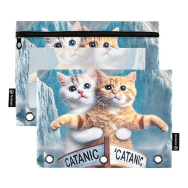 Imagem de Bolsa para lápis Titanic Kitten com estampa de gatos, 3 anéis, fichário com zíper, bolsa para lápis, caneta, trabalho, escola, bolsos transparentes, rosa, 25 x 18 cm, 2 pacotes