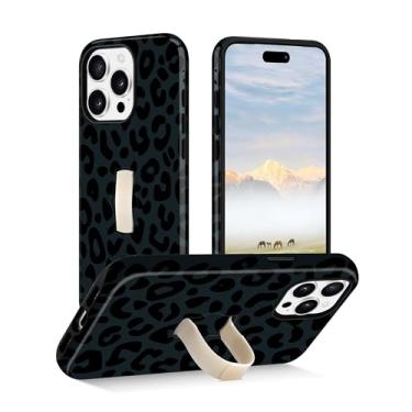 Imagem de Yebowe Capa de telefone leopardo compatível com iPhone 16 Pro Max, com alça de dedo para mão, suporte, à prova de choque, capa protetora de TPU macio para mulheres e meninas, verde escuro
