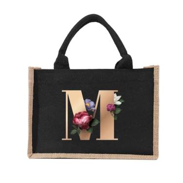 Imagem de Sacola de juta com inicial personalizada e bolsa de maquiagem, bolsa de praia, presentes de aniversário com monograma para mulheres, irmã mãe, dama de honra, Preto