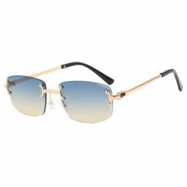Imagem de Óculos de Sol Masculinos com Armação Metálica Sem Aro e Lentes Degradê, Estilo Punk Feminino, Proteção UV400, Ideais para Esportes ao Ar Livre, Corrida e Ciclismo, Dourado e Azul Chá