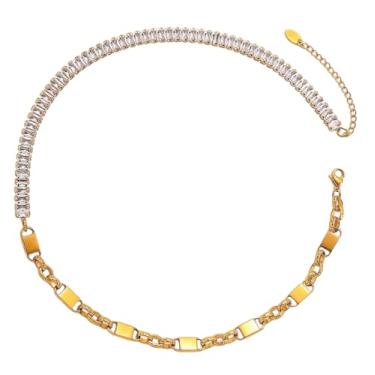 Imagem de Colar gargantilha feminina de ouro amarelo 18 quilates com zircônia cúbica, banhado a ouro 18 quilates sobre aço inoxidável com pedras de zircônia cúbica transparente, resistente a manchas