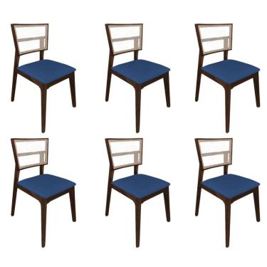 Imagem de Kit 6 Cadeiras De Jantar Tela Premium Madeira Maciça Manuela Azul Veludo Mel