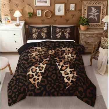 Imagem de Erosebridal Jogo de cama Queen com estampa de leopardo e laço de guepardo e laço de guepardo para adolescentes e crianças, com laço de nó e laço de vida selvagem, enchimento de edredom marrom