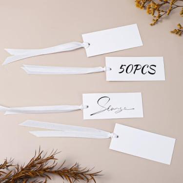 Imagem de 50 cartões de nome elegantes para configuração de mesa com fita de cetim, cartões de nome de mesa de 9 x 4 cm de espessura, etiquetas de presente penduradas para casamento, jantar, banquete, festas