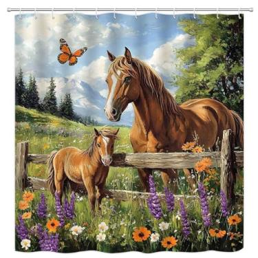 Imagem de PZMPZM Cortina de chuveiro de cavalo ocidental rústica animal de fazenda potro floral cerca de madeira campo paisagem natureza ao ar livre tecido decoração de banheiro conjuntos de cortinas com
