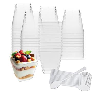 Imagem de Party Essentials Conjunto de miniware transparente para aperitivo e degustação de comida de sobremesa para apresentação, servir e catering, copos quadrados de 60 g, copos + colheres de 10 cm, conjunto