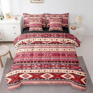 Imagem de Erosebridal Conjunto de edredom queen caubói asteca branco vermelho e asteca, tamanho Queen, 7 peças | Conjunto de cama boêmia do sudoeste em uma bolsa, cama tribal de fazenda para adultos