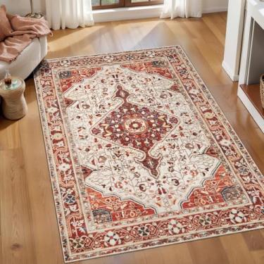 Imagem de SERISSA Tapetes de área 7,5 x 12,5 cm para sala de estar, lavável, antiderrapante, preto e branco, pequeno, vintage, tapete oriental macio para quarto, cozinha, sala de jantar, escritório, bege