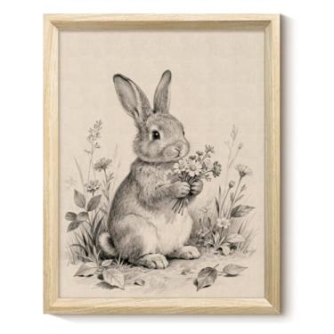 Imagem de VIYYIEA Arte de parede emoldurada com texturas de madeira de Páscoa, coelhinho segurando flores, desenho de coelhinho, impressão emoldurada para quarto de crianças, sala de estar, quarto ou espaços