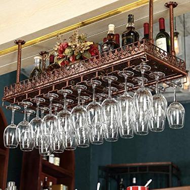 Imagem de Rack de vinho e suporte de vidro montado no teto, prateleira de vinho industrial ajustável para parede, suporte de vidro de vinho suspenso de 2 camadas para bar, bronze, 60 x 35 cm