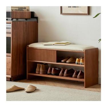 Imagem de Sapateira de madeira para entrada da porta da frente, banco de armazenamento para entrada, com almofada, organizador de sapatos de 2 níveis e banco de entrada, banco de sapatos elegante para entrada