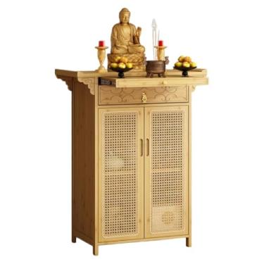 Imagem de Mesa de altar de Buda de bambu vintage com armazenamento, mesa de oferta de 80 cm, armário de meditação de porta de vime, santuário chinês para decoração de casa e prática espiritual