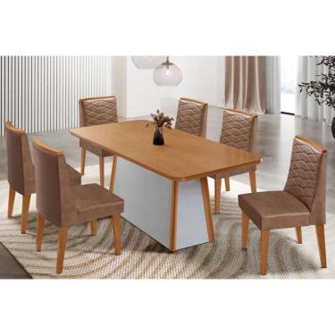 Imagem de Conjunto Sala de Jantar Tilia c/ Tampo Madeirado Canto Curvo 180x90cm e 6 Cadeiras Maldivas Madeira Maciça Naturale/Off White - Capuccino/Corano Capuc