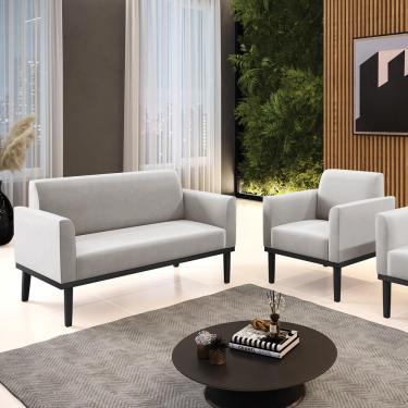 Imagem de Conjunto Poltrona e Namoradeira Decorativa Isabella Pés Fixo em Madeira Preto Veludo Cinza G19 - Gran Belo